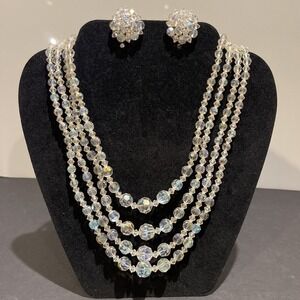 Vint 1950s 12"- 14" 4 Strand Grad. Aurora Borealis Crystal‎ Necklace & Earrings